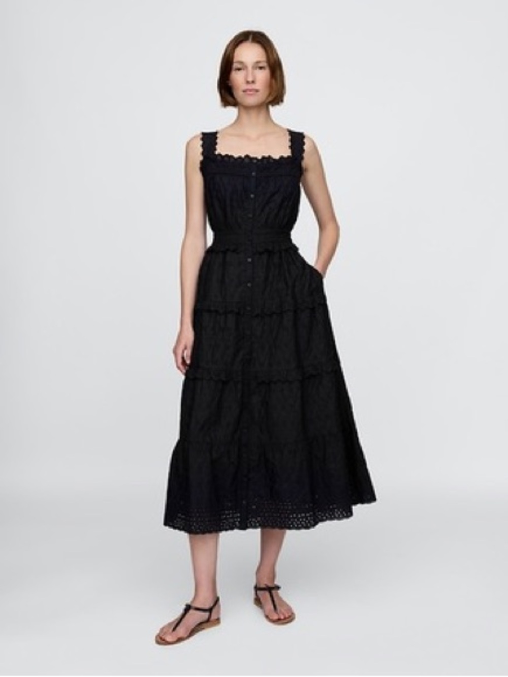 GAP X Doen Black Eyelet Tiered Midi Dress